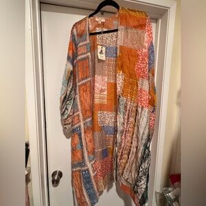 Easel Boho Patchwork Long Open-Front Kimono Jacket - Multi